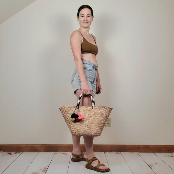 Gap Straw Pom Pom Basket Bag Tan Multi - Picture 4 of 15